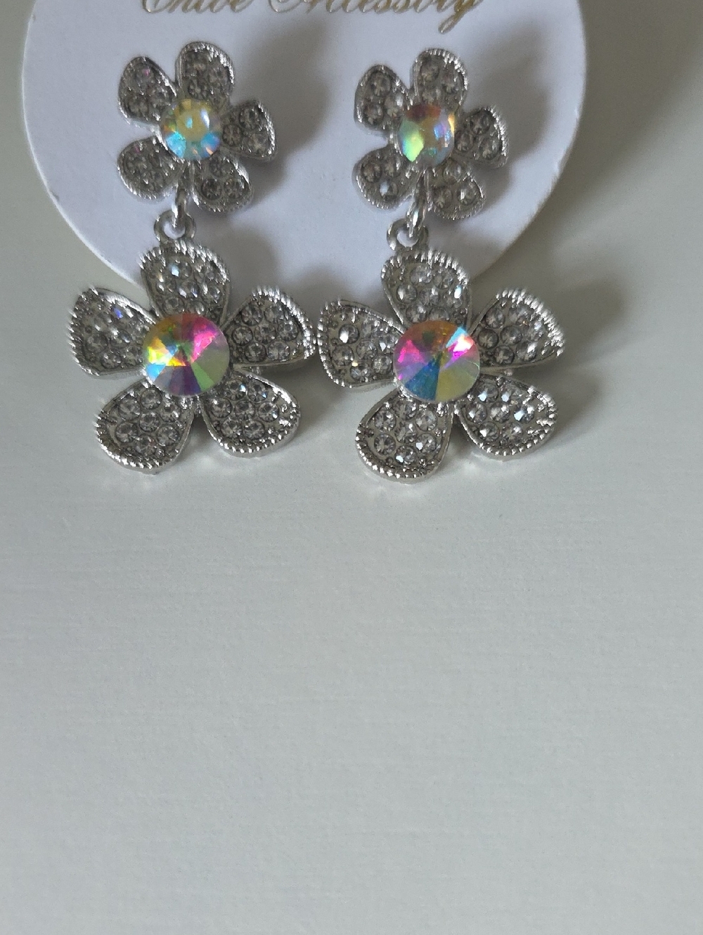 Silver Tone Floral Drop Earrings with AB Crystal Centers